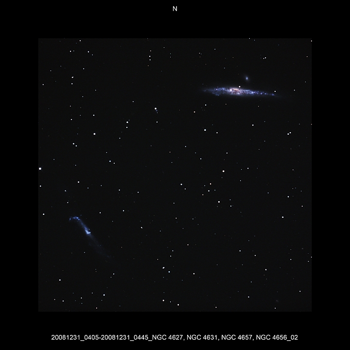 20081231_0405-20081231_0445_NGC 4627, NGC 4631, NGC 4657, NGC 4656_02.JPG -  CVn Newton d 309,5 / af 1623 & Coma Corrector CANON-EOS5D (AFC-Filter) 1000 ASA no add. filter 4 light-frames 360s, auto dark, 5 flat, 10 bias Guidemaster, DSS, Canon-RAW-Image, Adobe-PS-CS3  